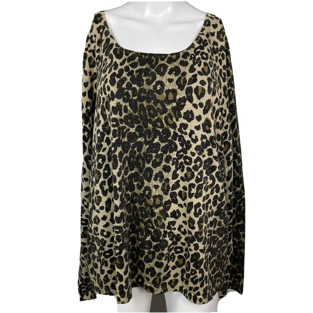 Nygard Collection Sweater Women Sz 1X Beige Black Metallic Knit Leopard Pullover
